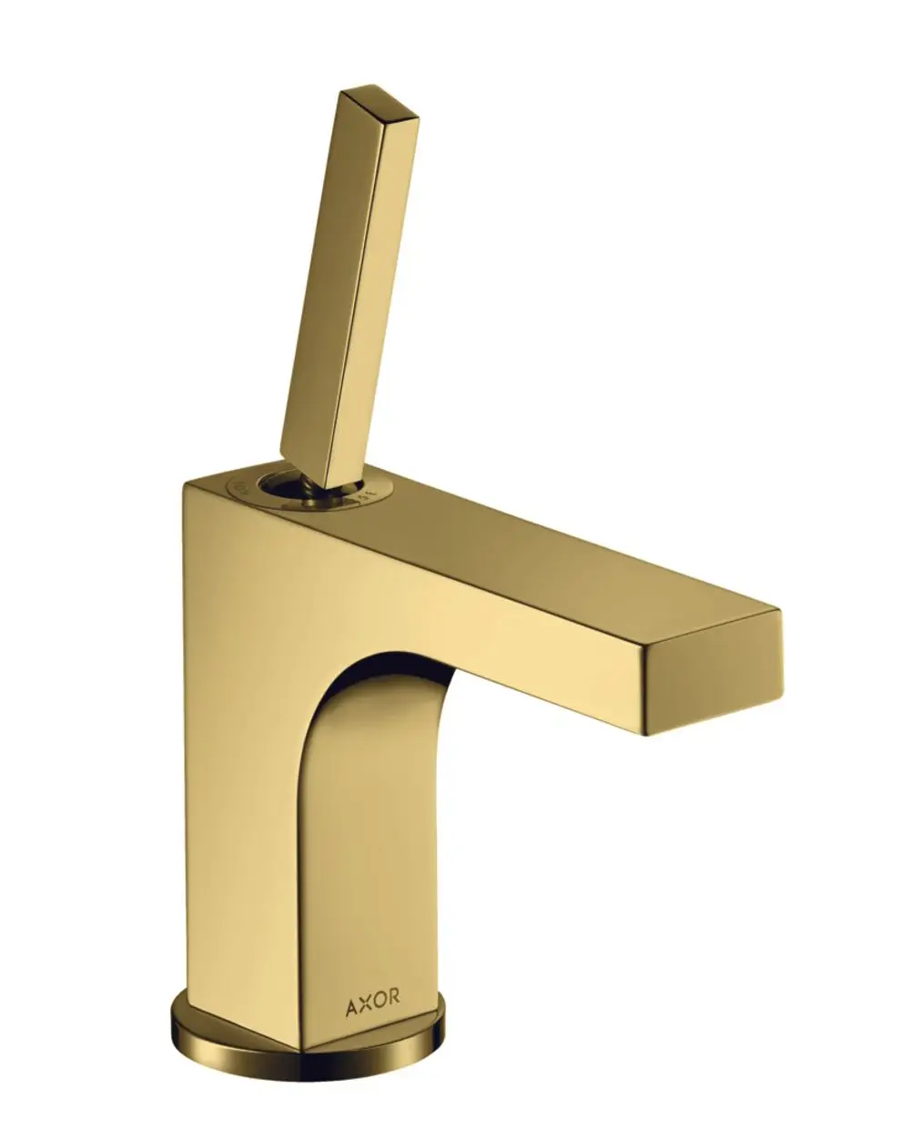 Ein Einhebel-Waschtischmischer in Polished Gold Optic von AXOR, mit einem langen Hebelgriff zur Steuerung des Wasserflusses. Die Ausführung hat eine Zugstangen-Ablaufgarnitur.